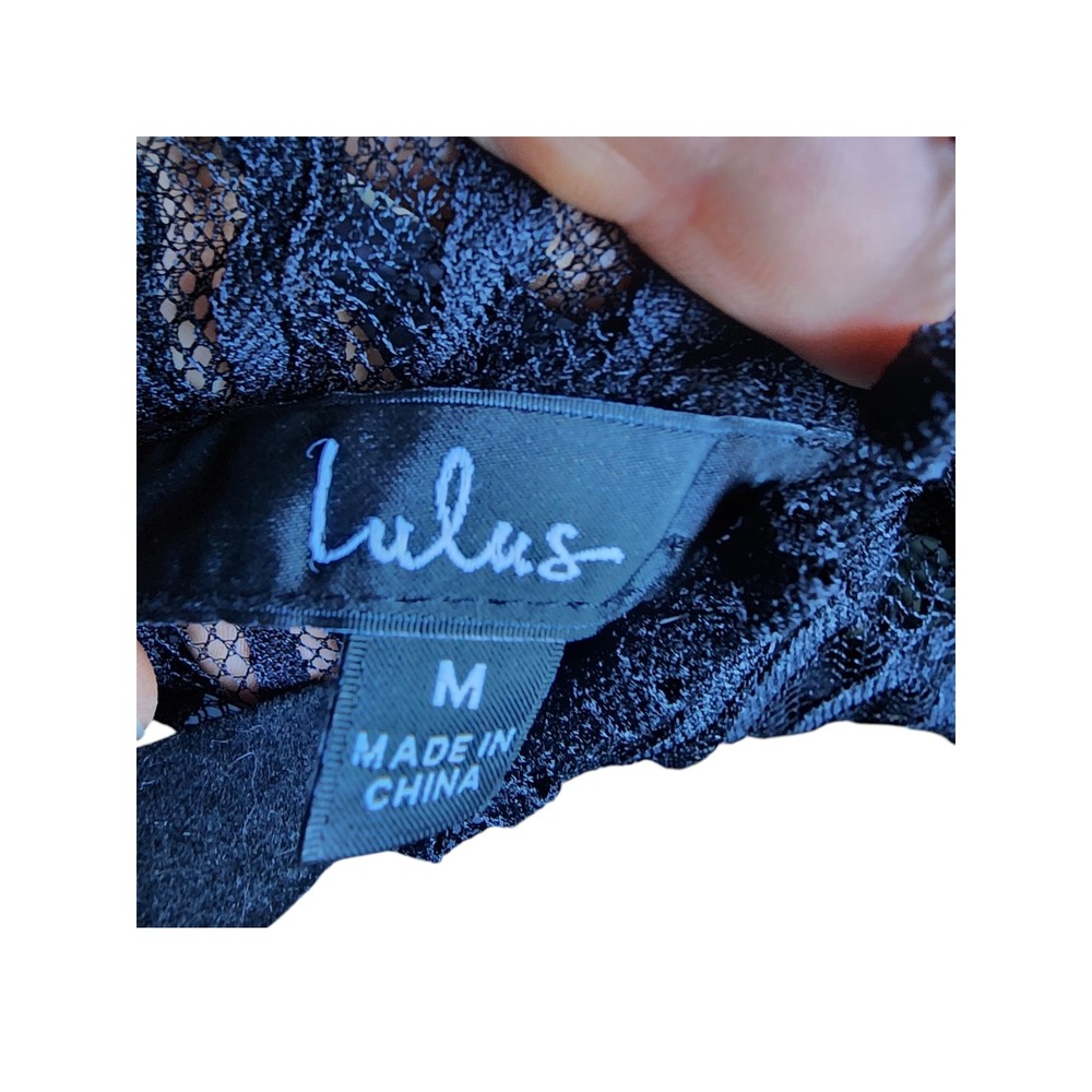 Lulus Tempt Me Black Sheer Lace Long Sleeve Crop Top Mock Neck Medium - Picture 5 of 9